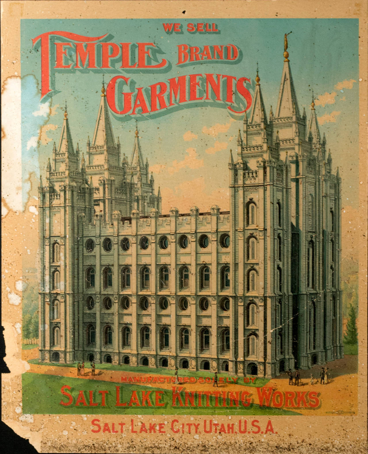 A rare and turn-of-the-century lithograph of the Salt Lake Temple, the most famous building constructed by the Church of Jesus Christ of Latter-Day Saints (i.e. Mormon Church) with the words 