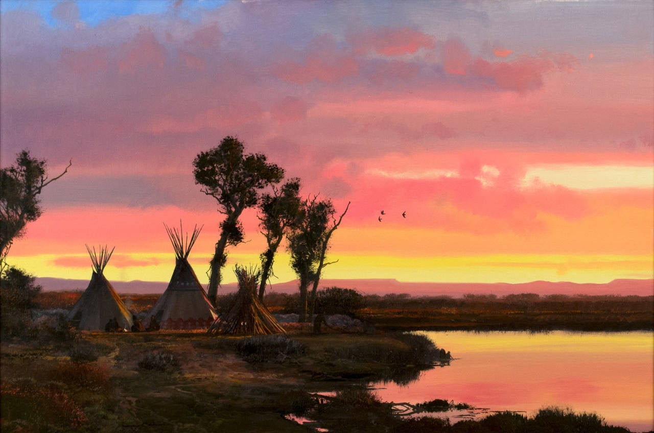 Indian Encampment at Sunset - Painting by Michael Coleman