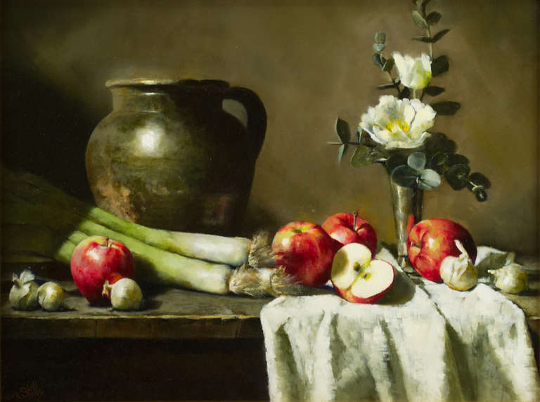 Still life with Apples & Leeks - Painting by Aaron Stills