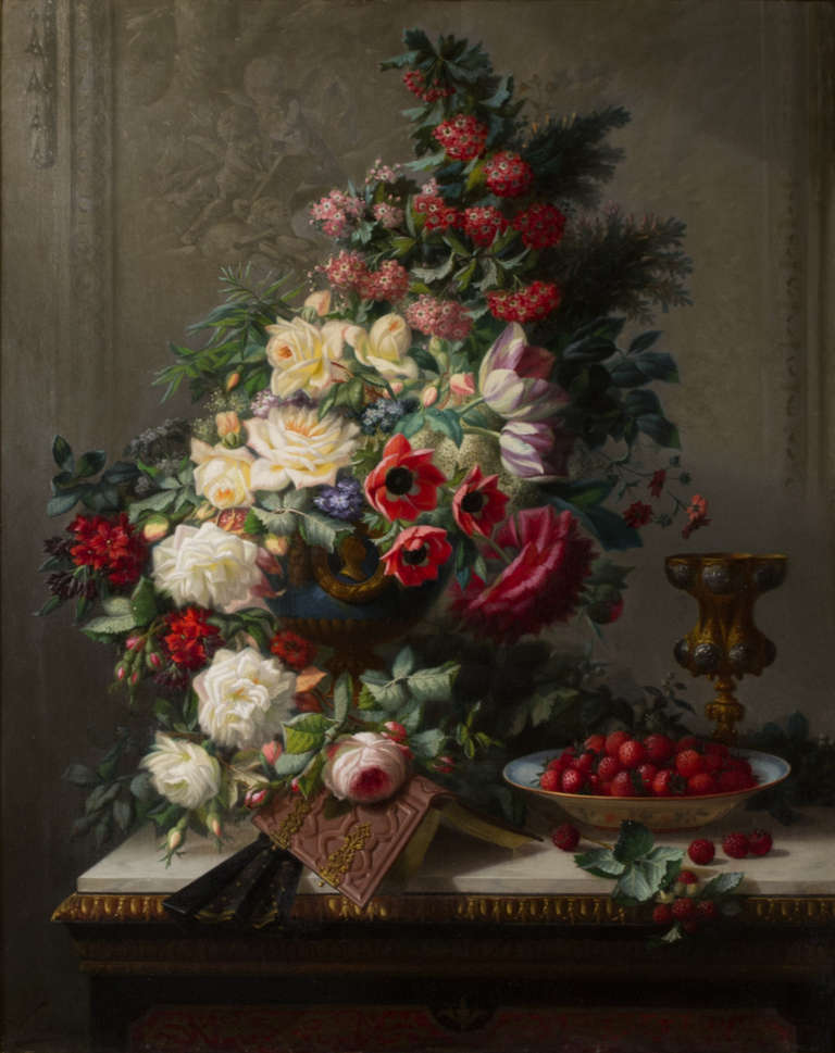 A monumental still life with flowers, fruit, and book - Painting by Edouard Corneille Van Den Bosch