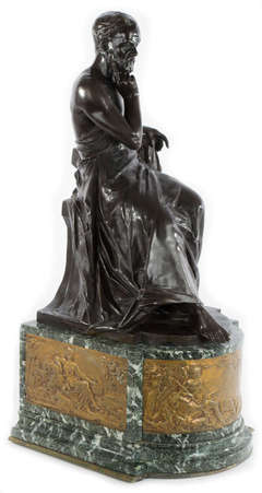 Seated Philosopher, and Gilt bronze scenes on Marble Pedestal