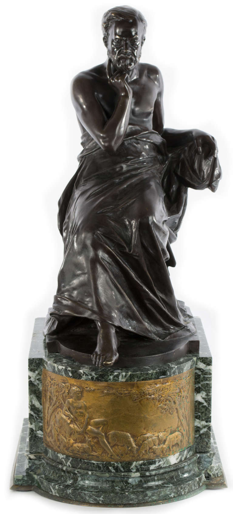 Seated Philosopher, and Gilt bronze scenes on Marble Pedestal