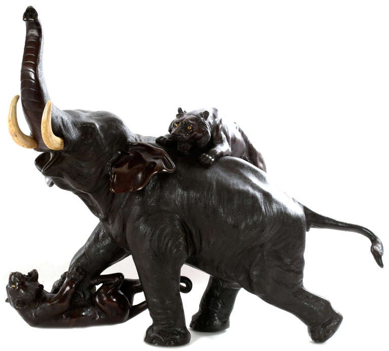 Unknown Figurative Sculpture - Elephant and Tigers