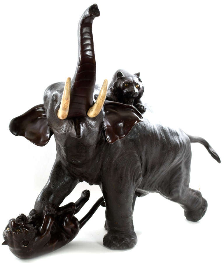 Elephant and Tigers - Sculpture by Unknown