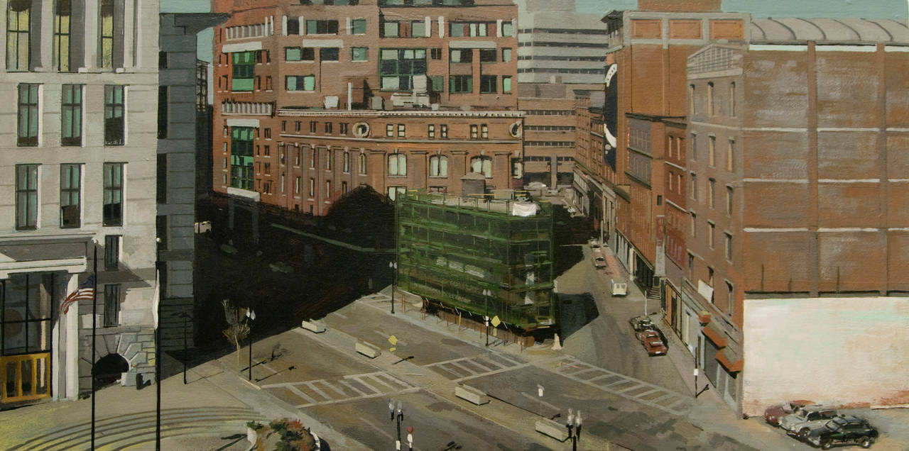 Andrew Haines Landscape Painting - Wrapped Buildings
