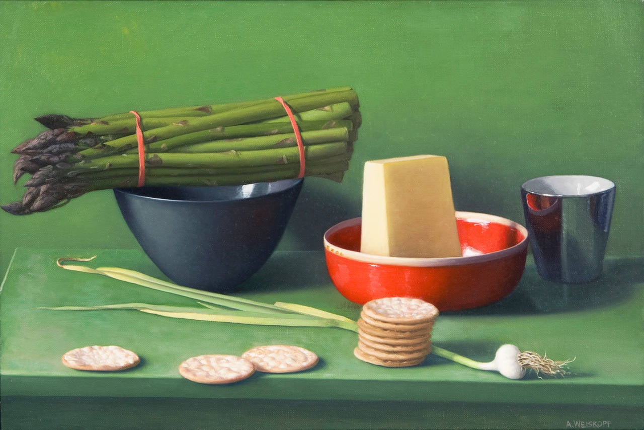 Still Life with Asparagus, Pecorino and Crackers - Painting by Amy Weiskopf