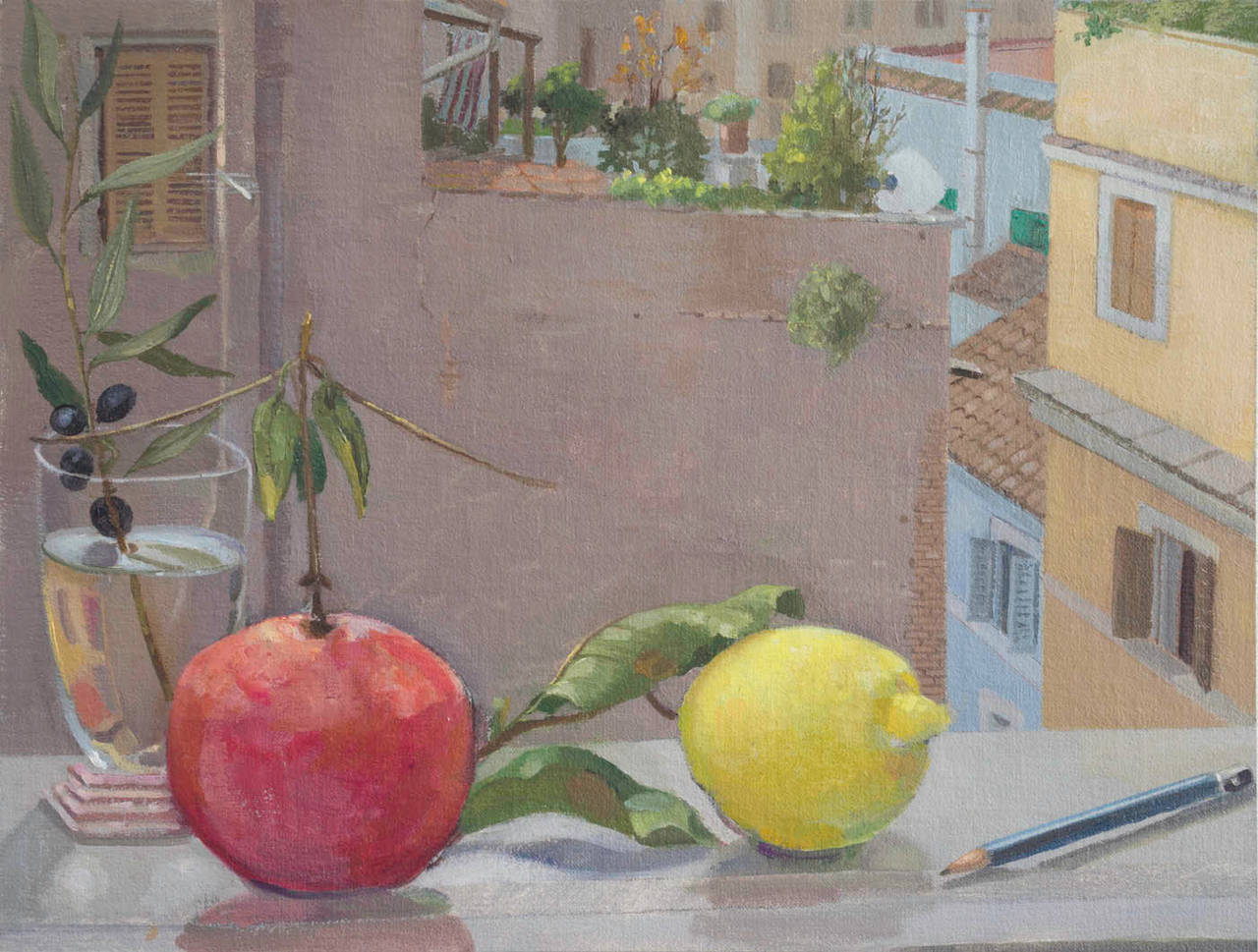 Still Life on Window Sill, Rome - Painting by Barbara Kassel