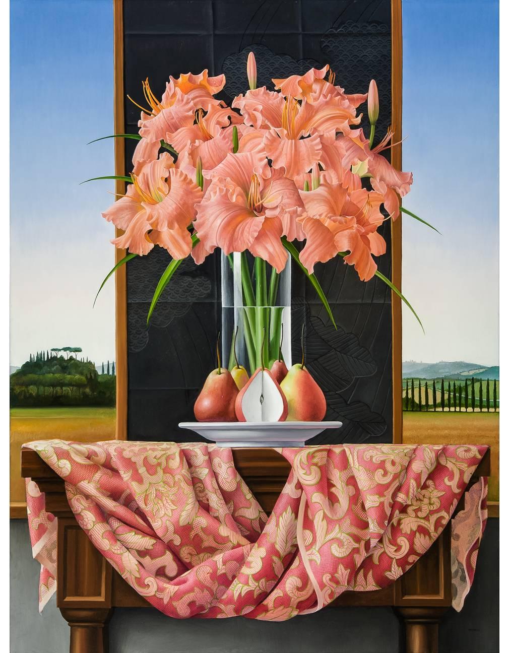Still Life with Daylilies and Pears - Painting by James Aponovich