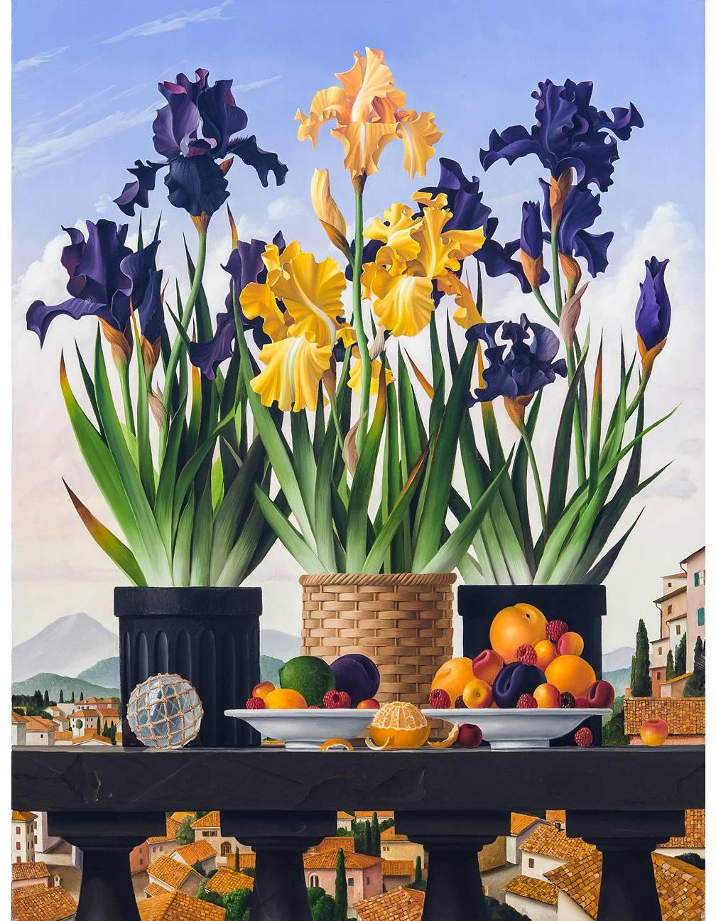 Drei Iris-Töpfe – Painting von James Aponovich