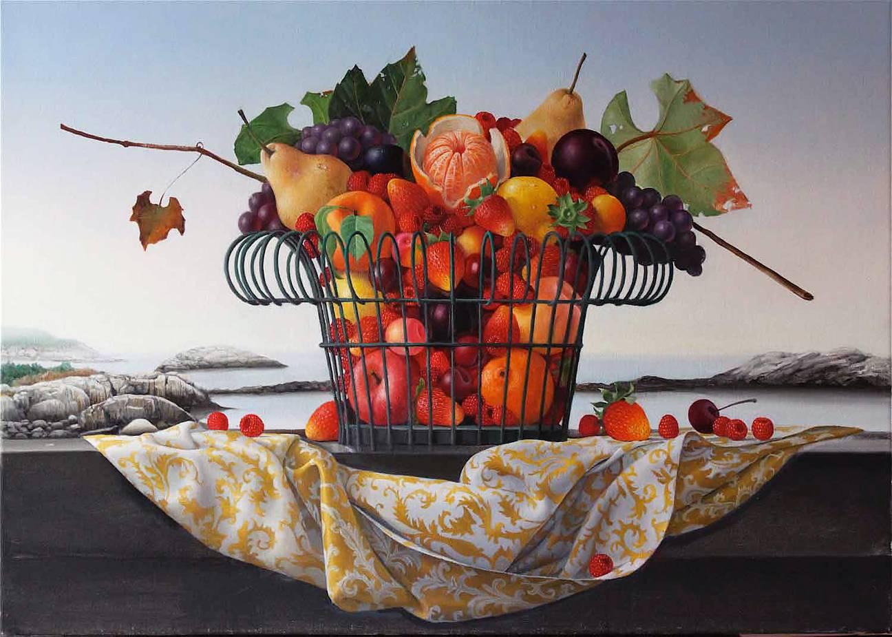 Appledore, Basket of Fruit - Painting by James Aponovich