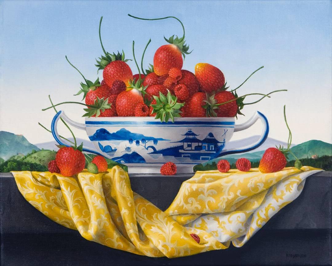 Still Life with Strawberries in a Canton Bowl - Painting by James Aponovich