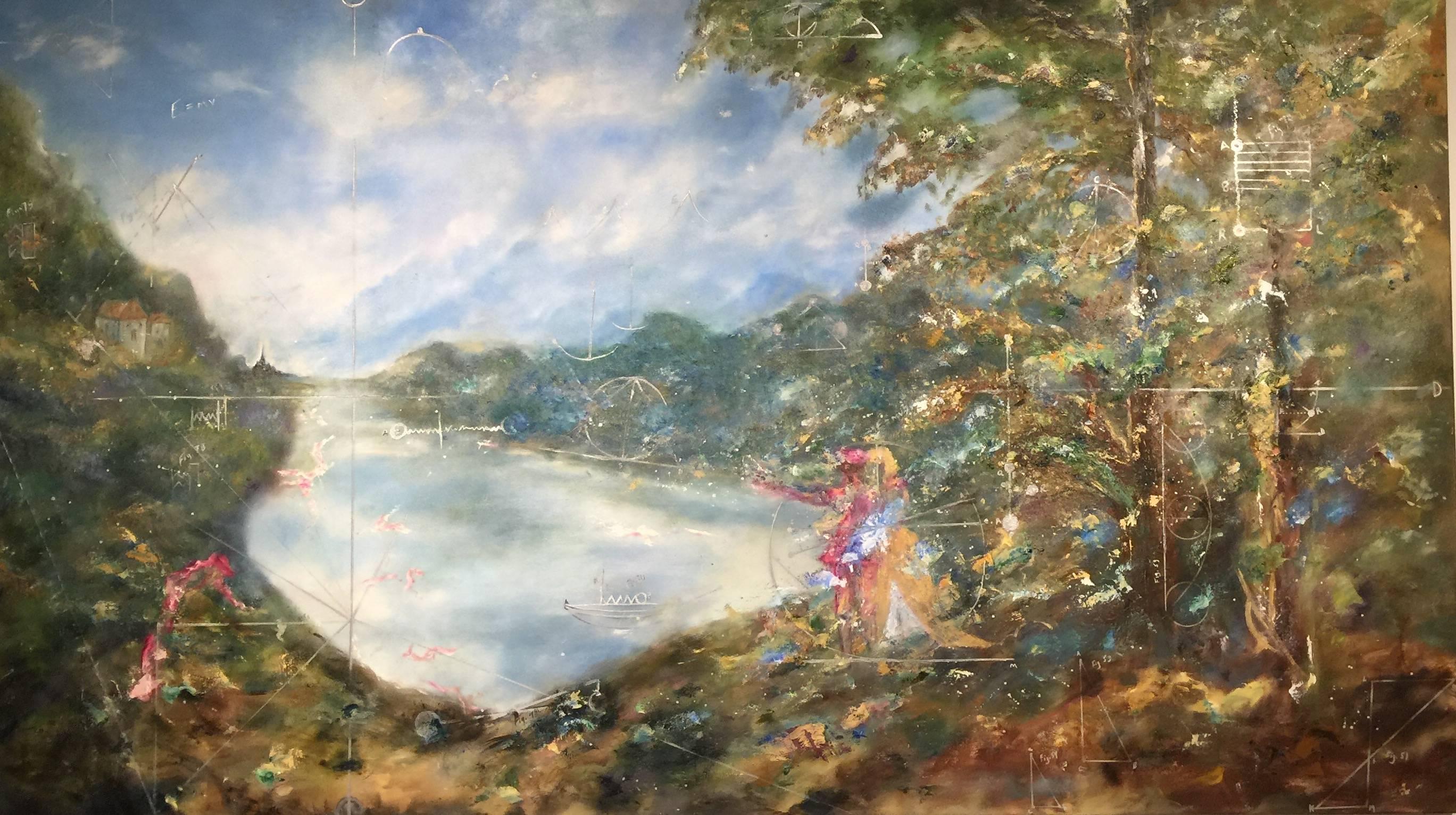 Arica Hilton Landscape Painting - Émilie du Châtelet - A stroll with Voltaire