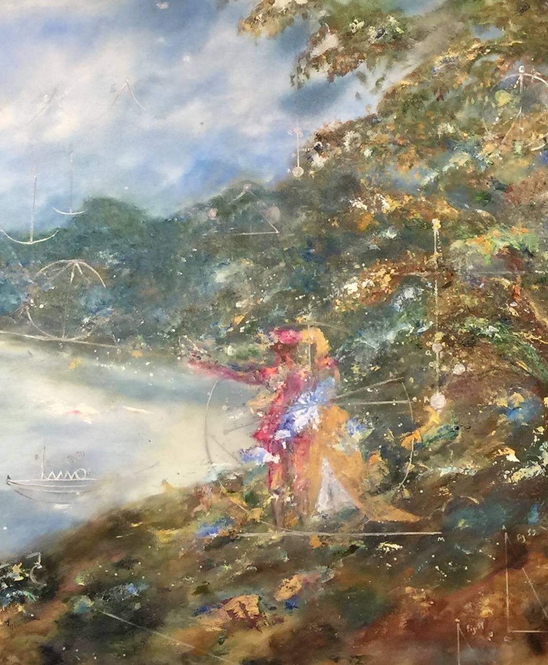 Émilie du Châtelet - Une promenade avec Voltaire - Marron Landscape Painting par Arica Hilton