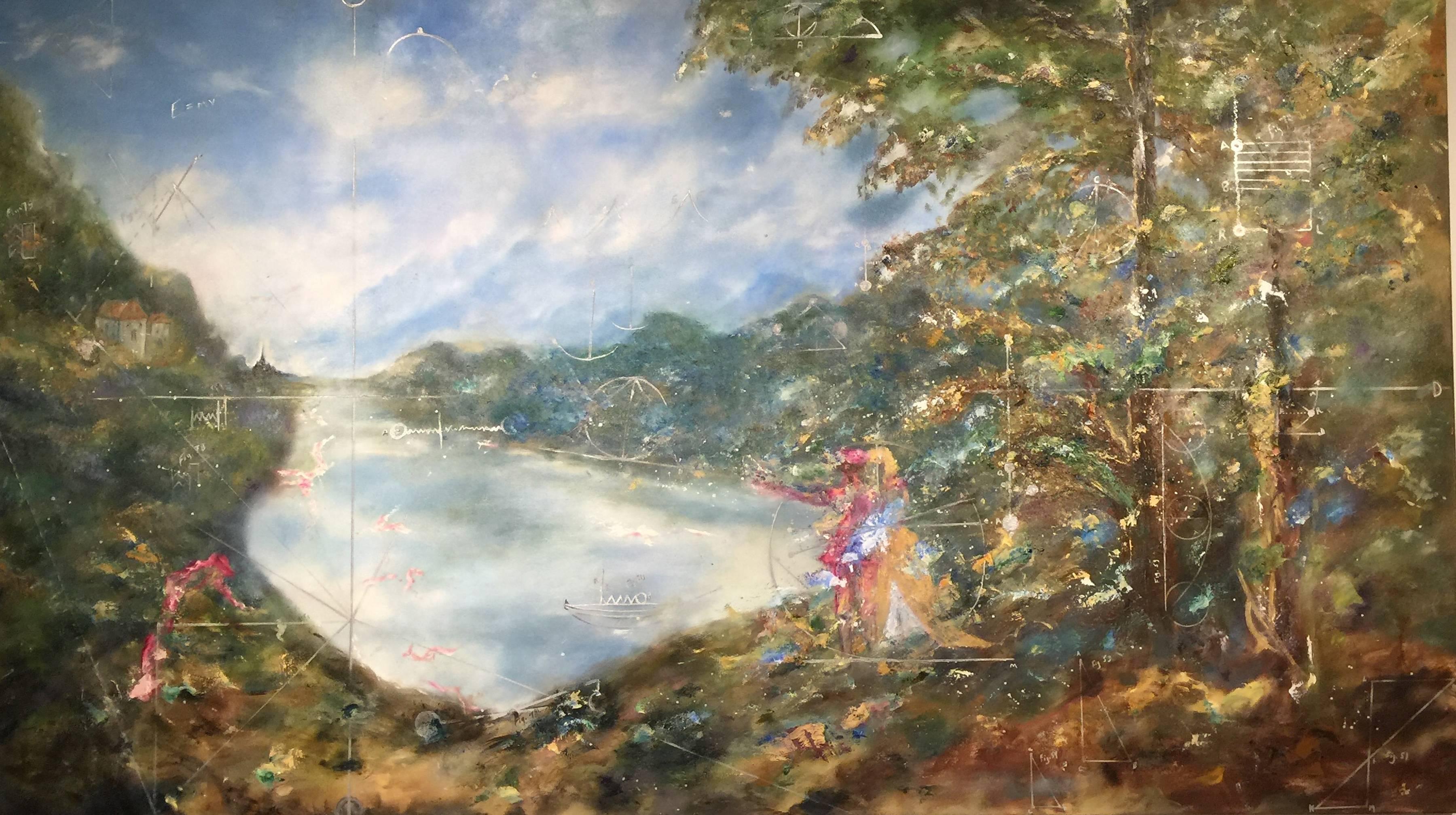 Émilie du Châtelet - A stroll with Voltaire - Contemporary Painting by Arica Hilton