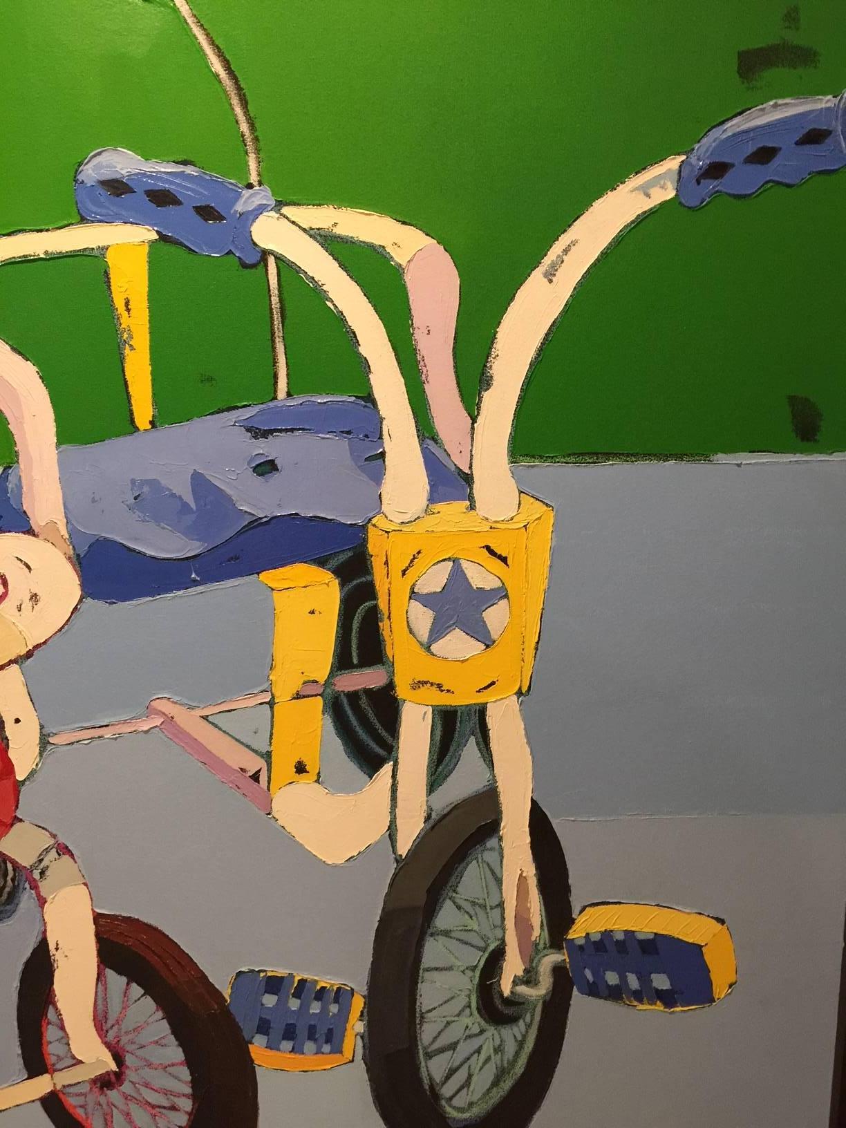 TRICYCLES - Gray Figurative Painting by Emmett Kerrigan