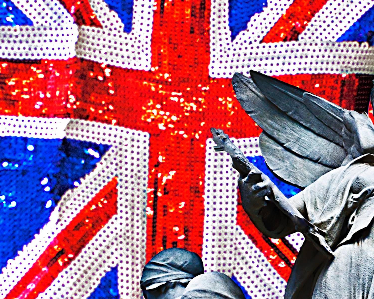 Statue on Union Jack Scarf - Contemporary Mixed Media Art by Julie Gardner