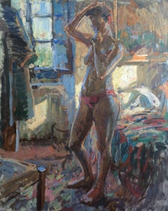 "Blue Light Nude, Bea" peinture impressionniste contemporaine d'une muse debout.