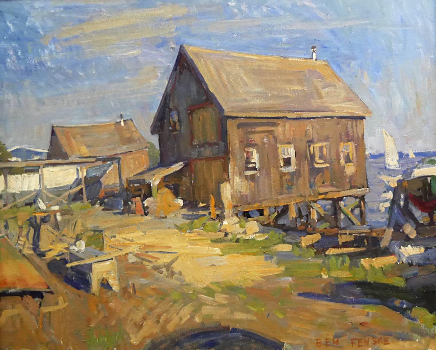 "Boathouse, Evening Light" peinture à l'huile impressionniste contemporaine en plein air.