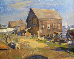 "Boathouse, Evening Light" peinture à l'huile impressionniste contemporaine en plein air.