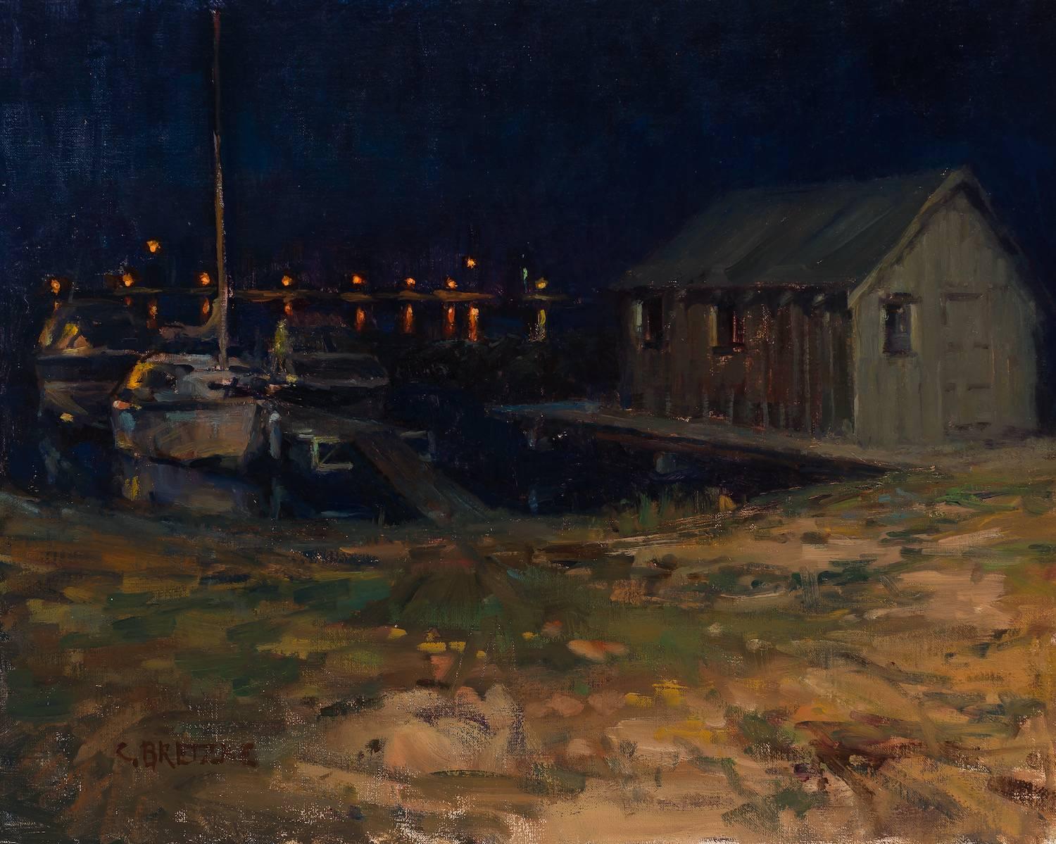 Carl Bretzke Landscape Painting - Fishing Shack at Night, Grand Marais