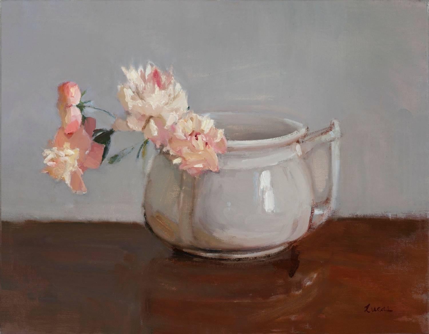 Maryann Lucas Still-Life Painting - Pink Peonies in Grey Pot