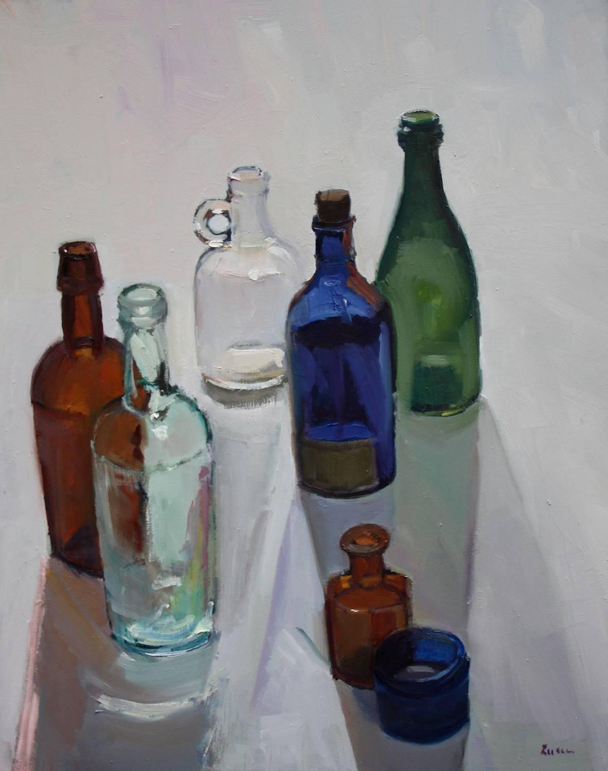 "Light Through Old Bottles" 2014 oil painting, academic study of light and form