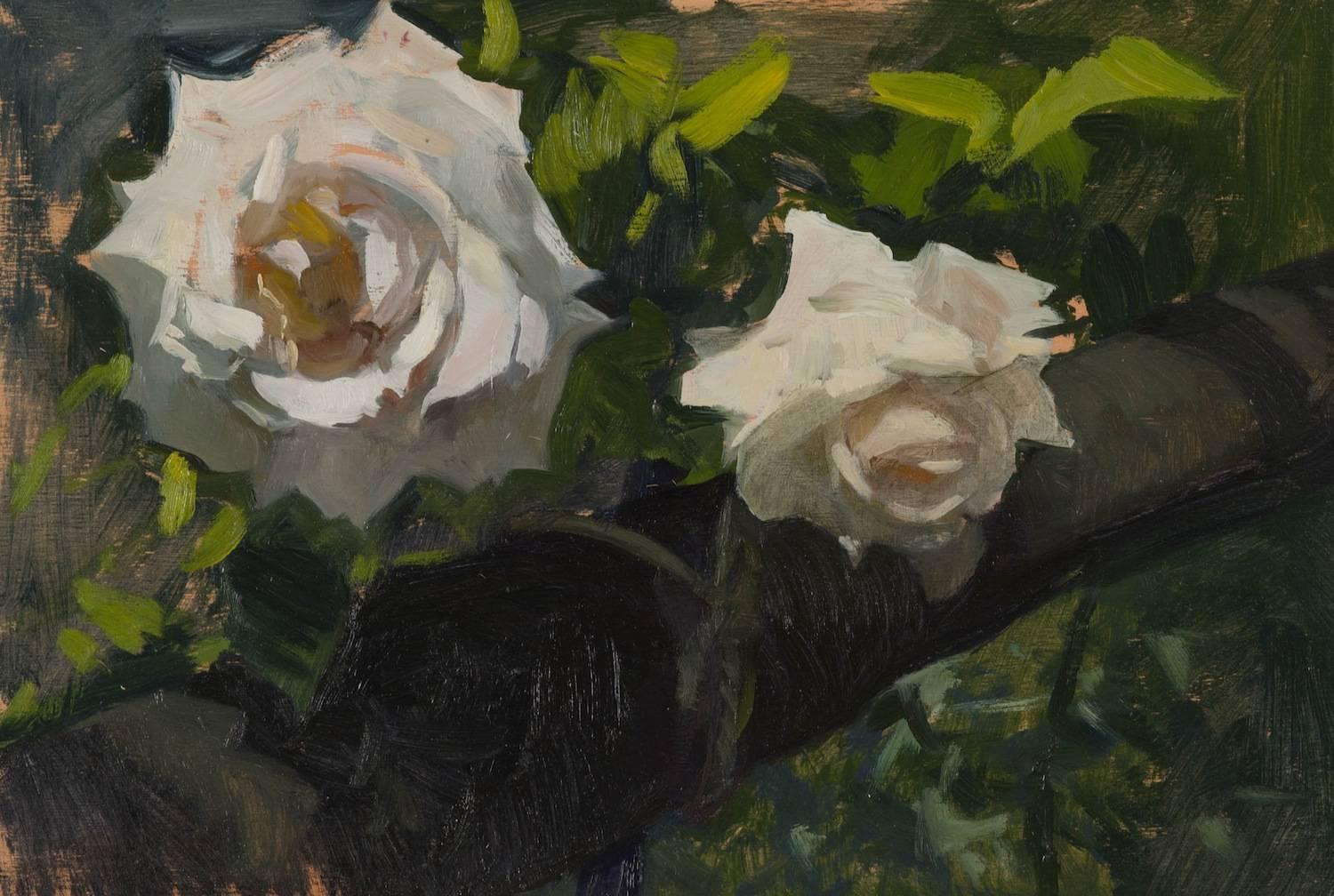"Two Roses" - oil painting, close up of a white roses on bush, choice of frame