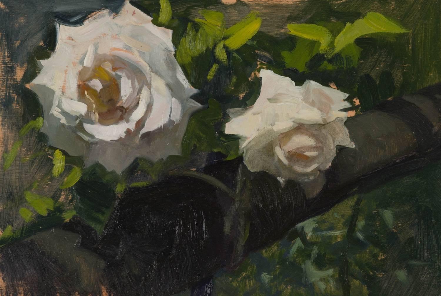 "Deux roses" - peinture à l'huile contemporaine, gros plan sur un rosier - Marc Dalessio