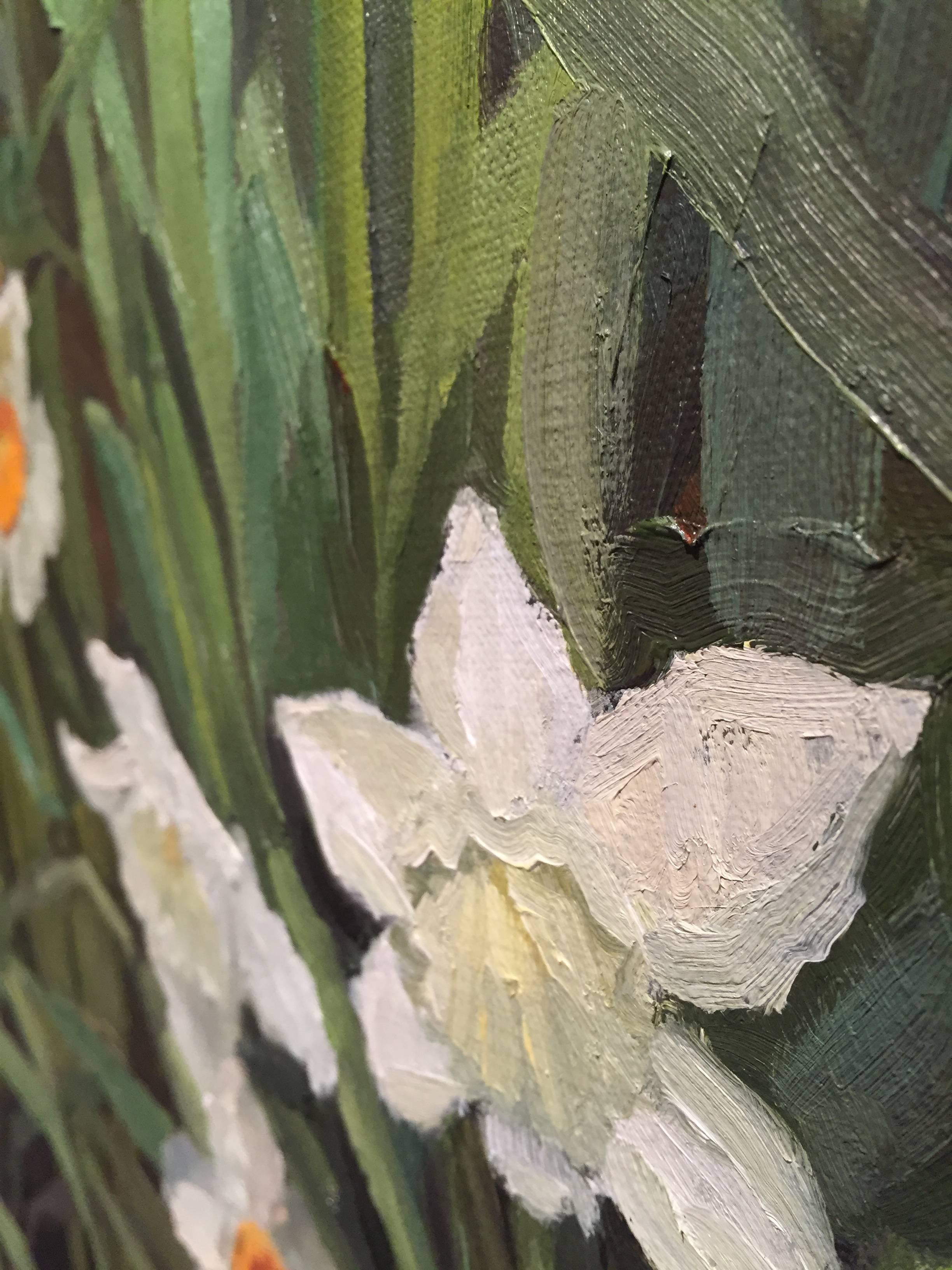 Painted from life, the flower that dictates when spring is here is immortalized in this oil on canvas painting. Young white Daffodils bloom amongst their older, more confident yellow blossoms. A Jungle of greenery weaves back and forth and