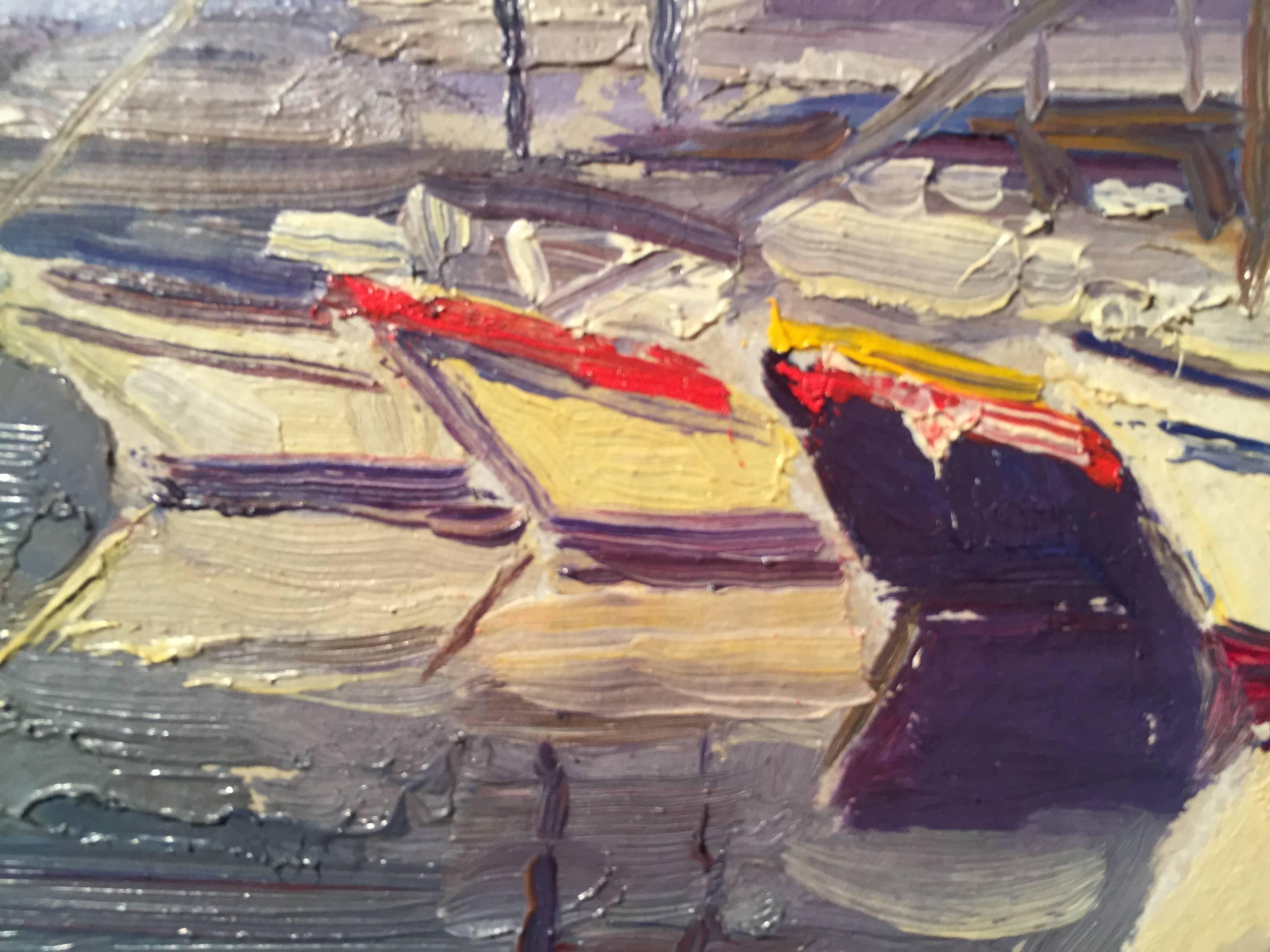 Pintado al aire libre en San Francisco, California. Una romántica estampa de veleros atracados en un puerto. La pintura aplicada densamente crea una superficie texturizada.


Nelson H. White nació en New London, Connecticut, en 1932. White ha estado