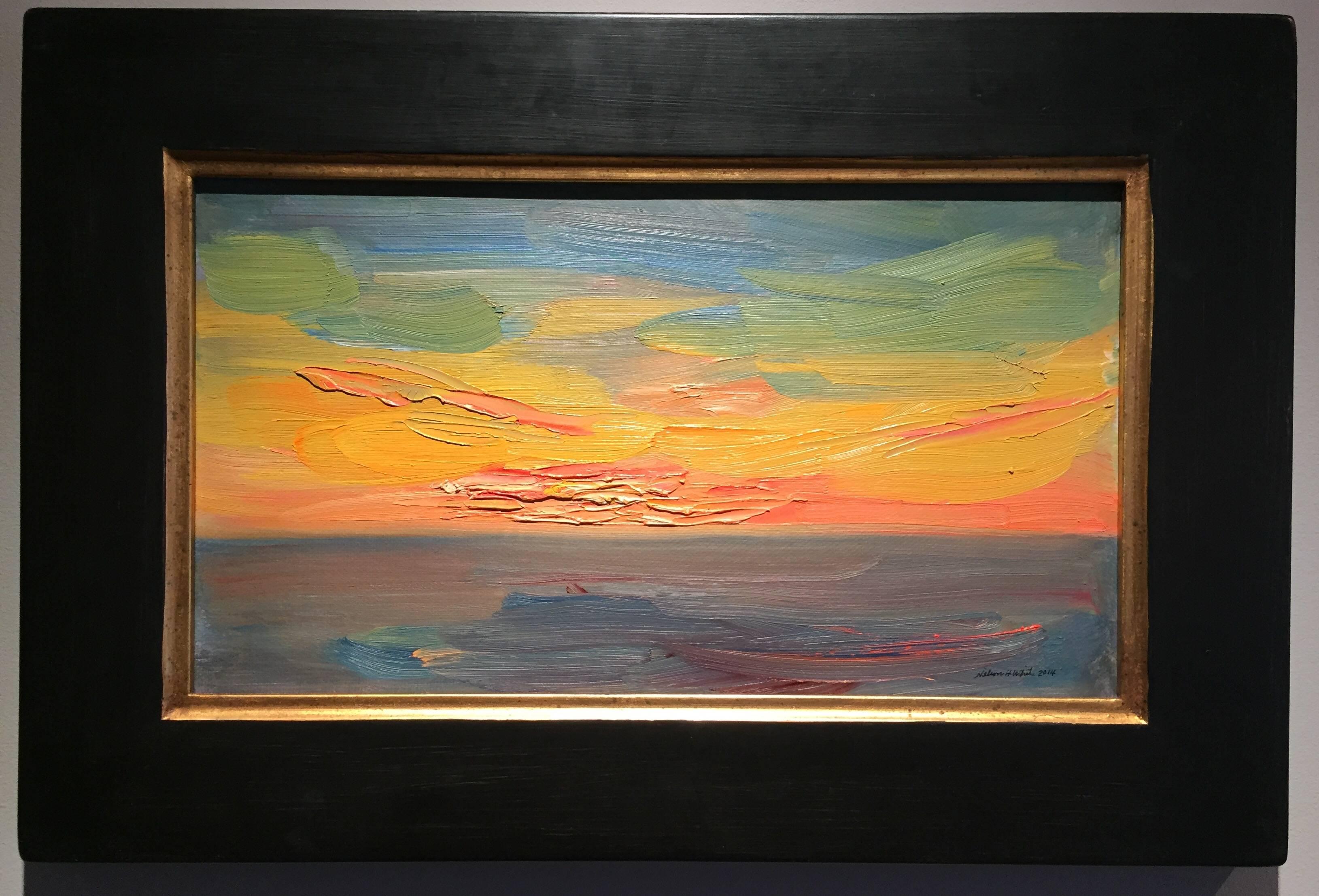 Nelson H. White Abstract Painting - "Sunset, Waterford" oil painting by american impressionist, colorful abstraction