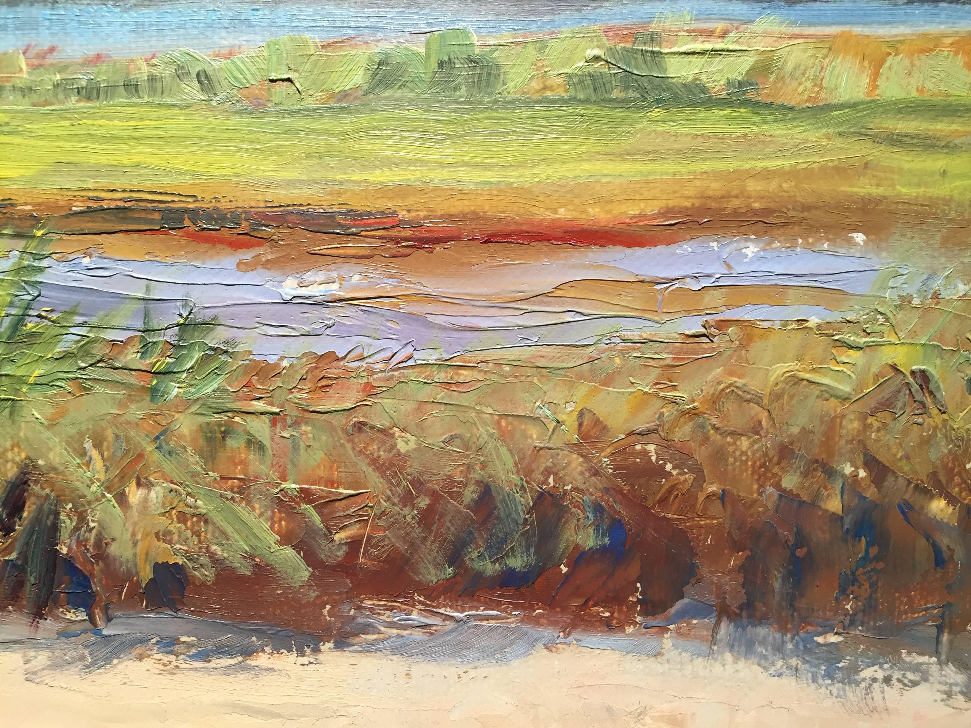 Painted en plein air, at Mashomack Nature Preserve, Shelter Island, New York. Sand meets shrubbery with red shadows in the foreground. Wild green grass stands tall outlining a marsh. Distant hills line the horizon, beneath a colorful pastel