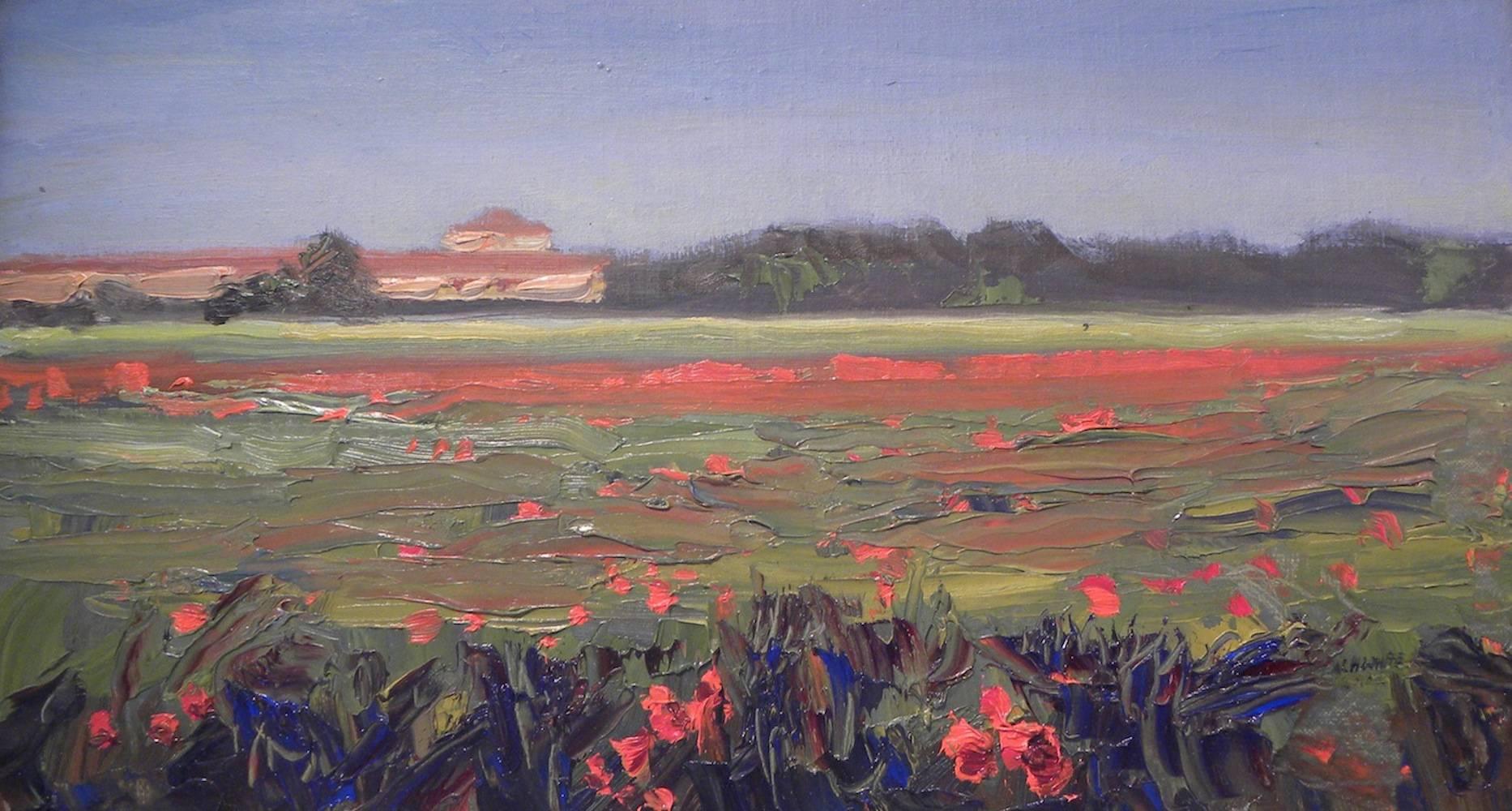 "Campo de amapolas de la Toscana" 2010 pintura al óleo del impresionista estadounidense contemporáneo