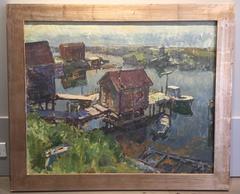 "Fishing Hut" contemporary impressionist oil painting boat house, green and blue