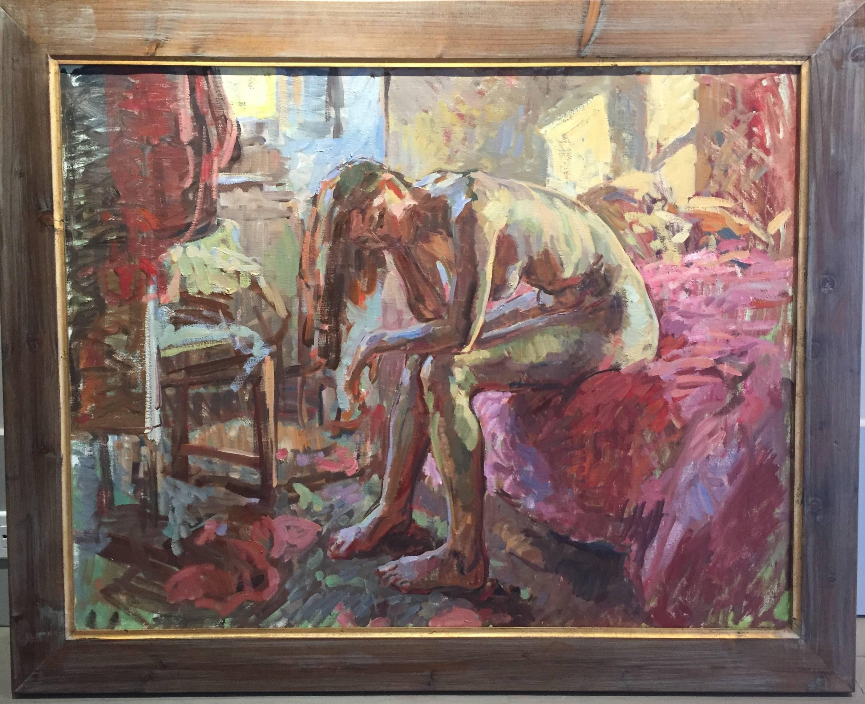 „Sitting Nude, Bea“, Ölgemälde einer sitzenden Frau in Gedanken, rosa Farbtöne, 2016 (Amerikanischer Impressionismus), Art, von Ben Fenske