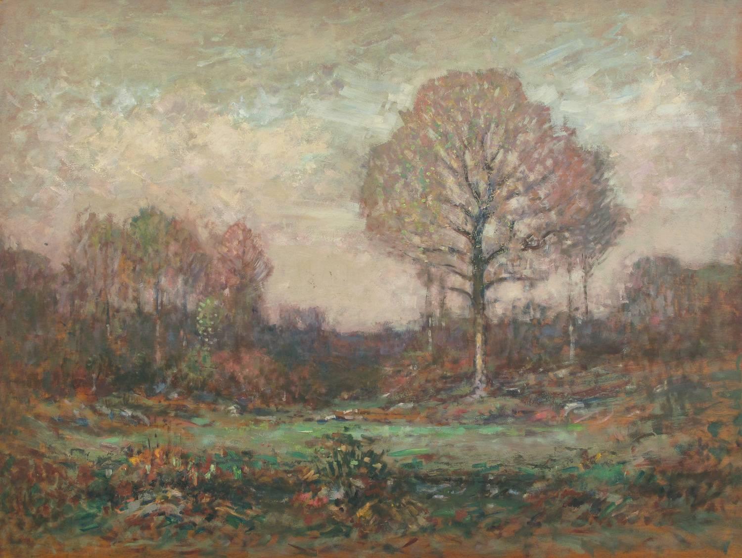 "Oak in Spring" 1930 American Impressionist oil painting, oak tree landscape