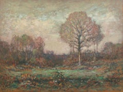 "Oak au printemps" 1930 peinture à l'huile impressionniste américaine, paysage de chênes.