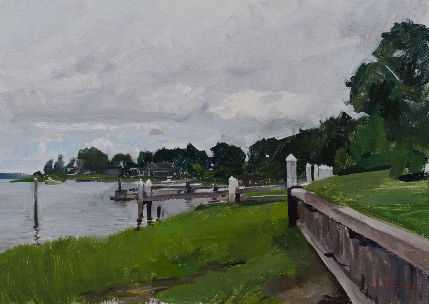 "Rick's Dock" - contemporary landscape painting at Hamptons House, Sag Harbor NY - Painting by Marc Dalessio