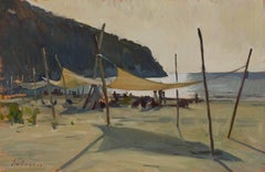 „Cala del Forno“ Pleinair-Gemälde von Strandeinrichtung in Italien, neutrale Töne