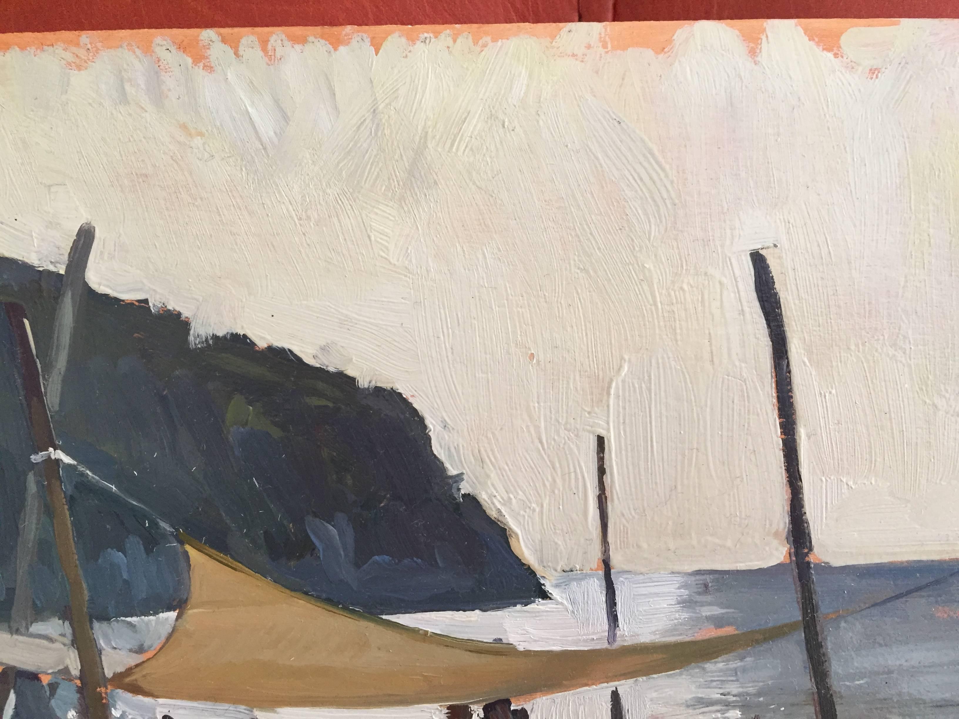 „Cala del Forno“ Pleinair-Gemälde von Strandeinrichtung in Italien, neutrale Töne im Angebot 1