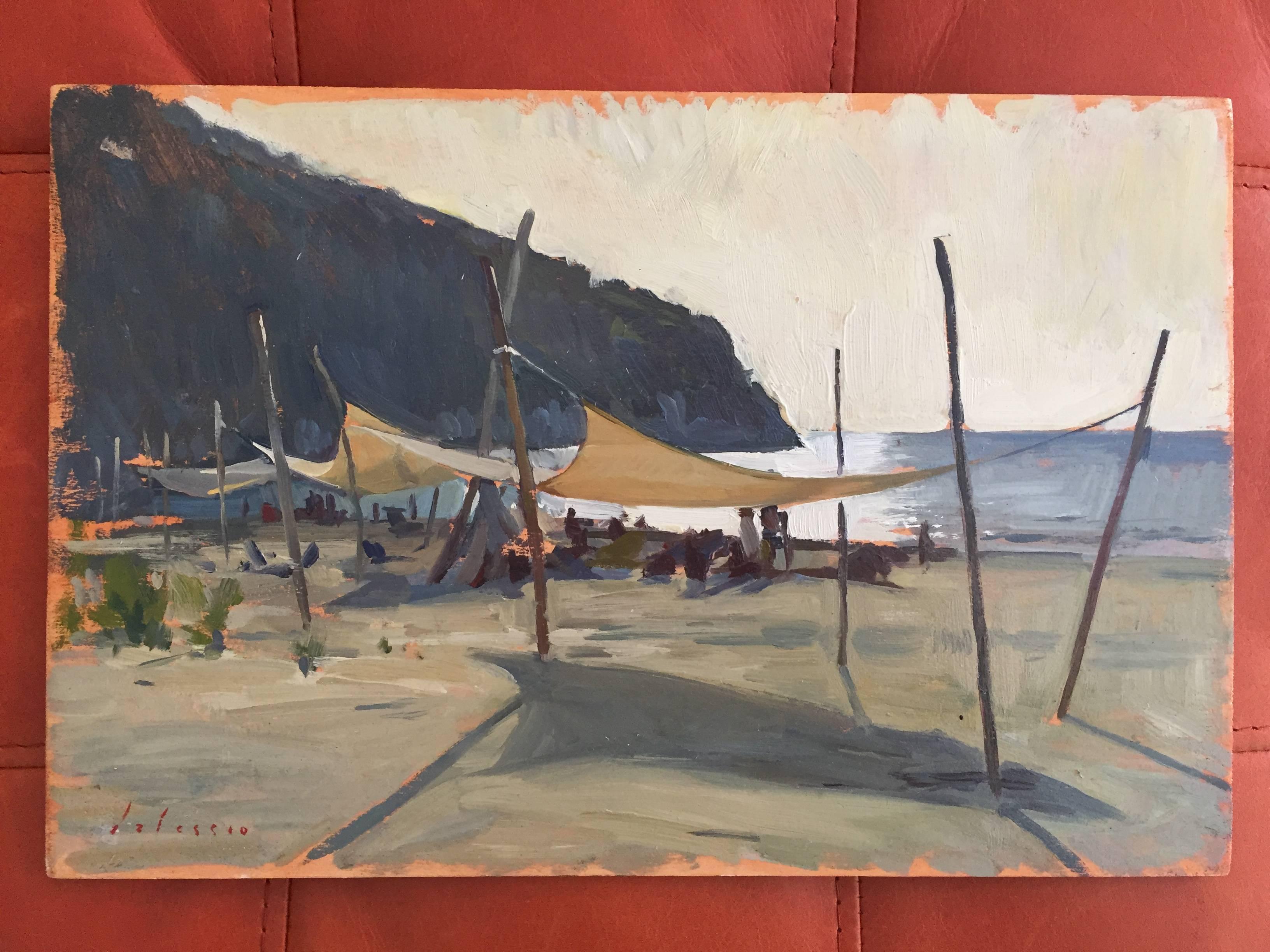 „Cala del Forno“ Pleinair-Gemälde von Strandeinrichtung in Italien, neutrale Töne – Painting von Marc Dalessio
