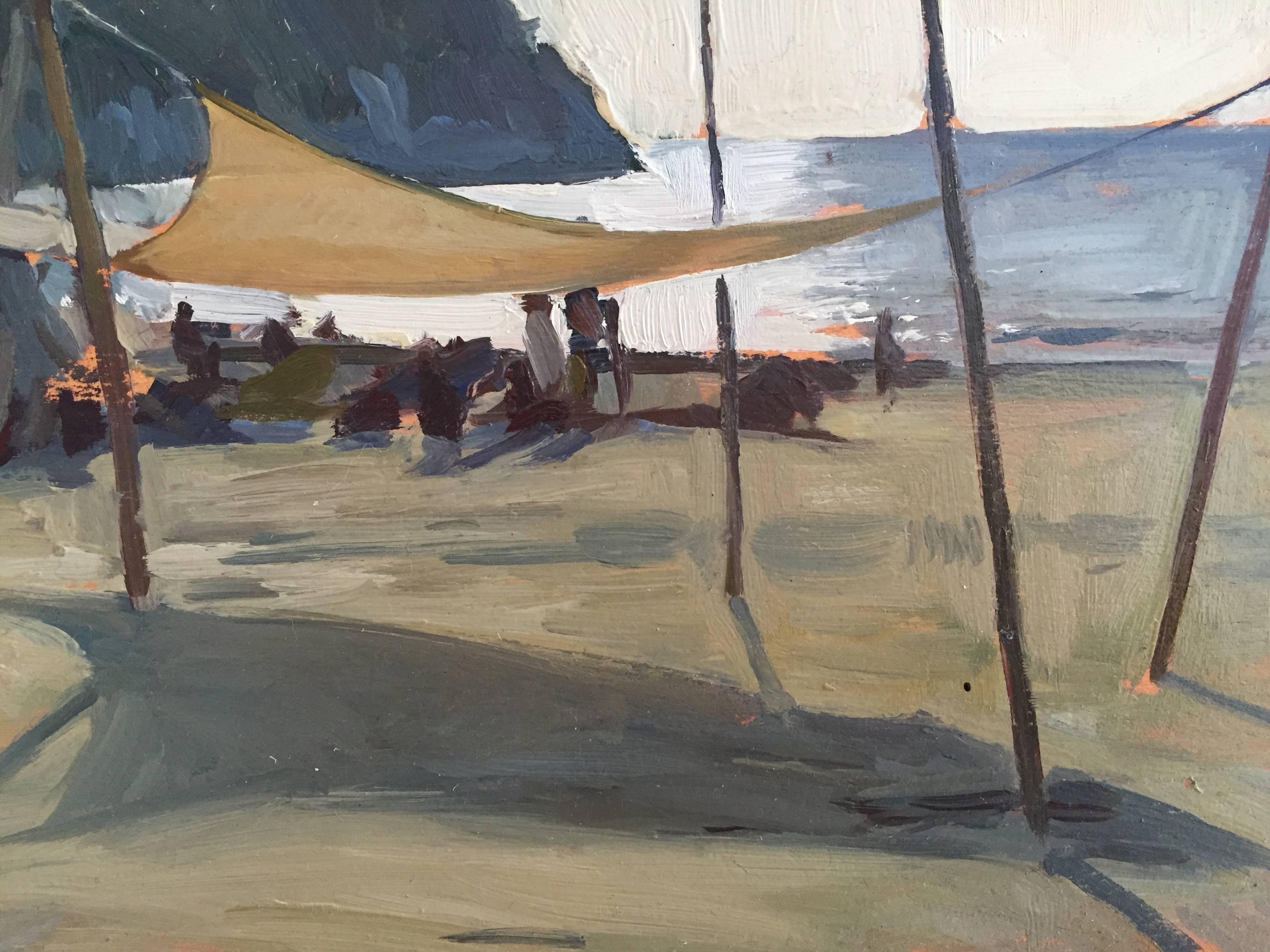 „Cala del Forno“ Pleinair-Gemälde von Strandeinrichtung in Italien, neutrale Töne im Angebot 2