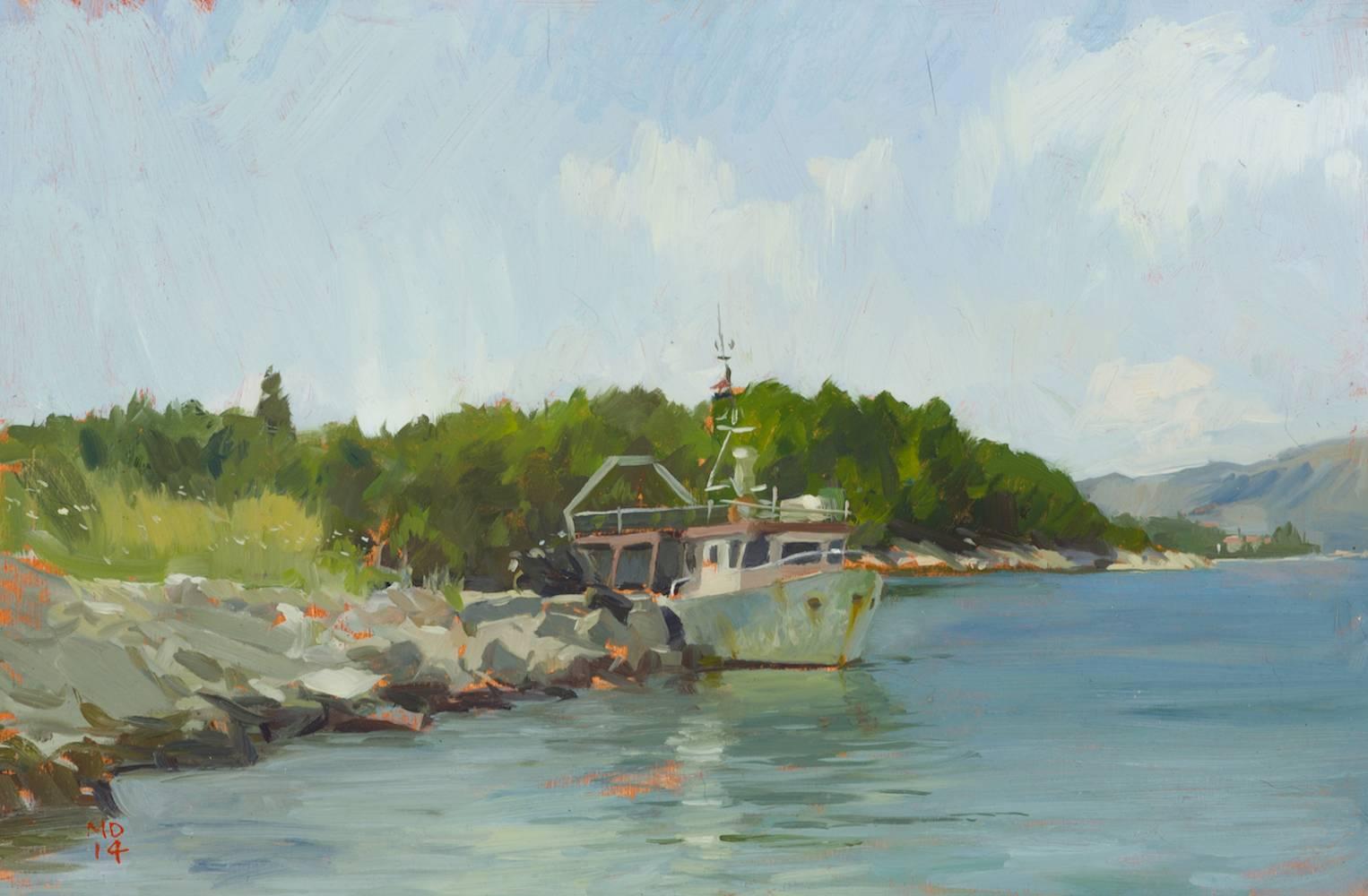 Marc Dalessio Landscape Painting - "Korcula Fishing Boat" contemporary plein air painting, blue, green, shoreline