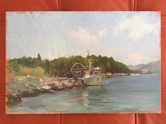 "Barco de pesca de Korcula" pintura plein air contemporánea, azul, verde, costa