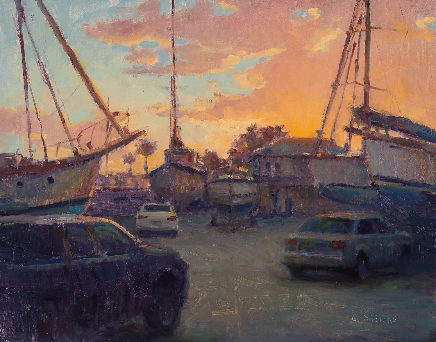 Carl Bretzke Landscape Painting - Boat Yard Sunset