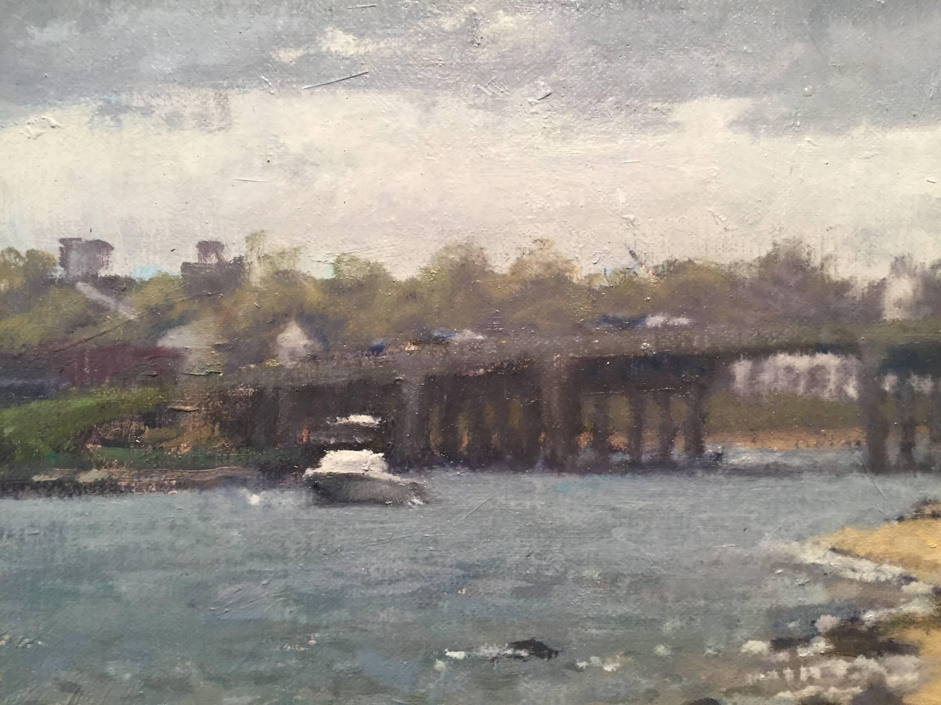 Painted en plein-air in Sag Harbor, New York; Bretzke presents the beautiful Sag Harbor Bridge which links the harbor village to the village of North Haven. A foggy atmosphere restricts a certain crispness in execution. Grey clouds float above a
