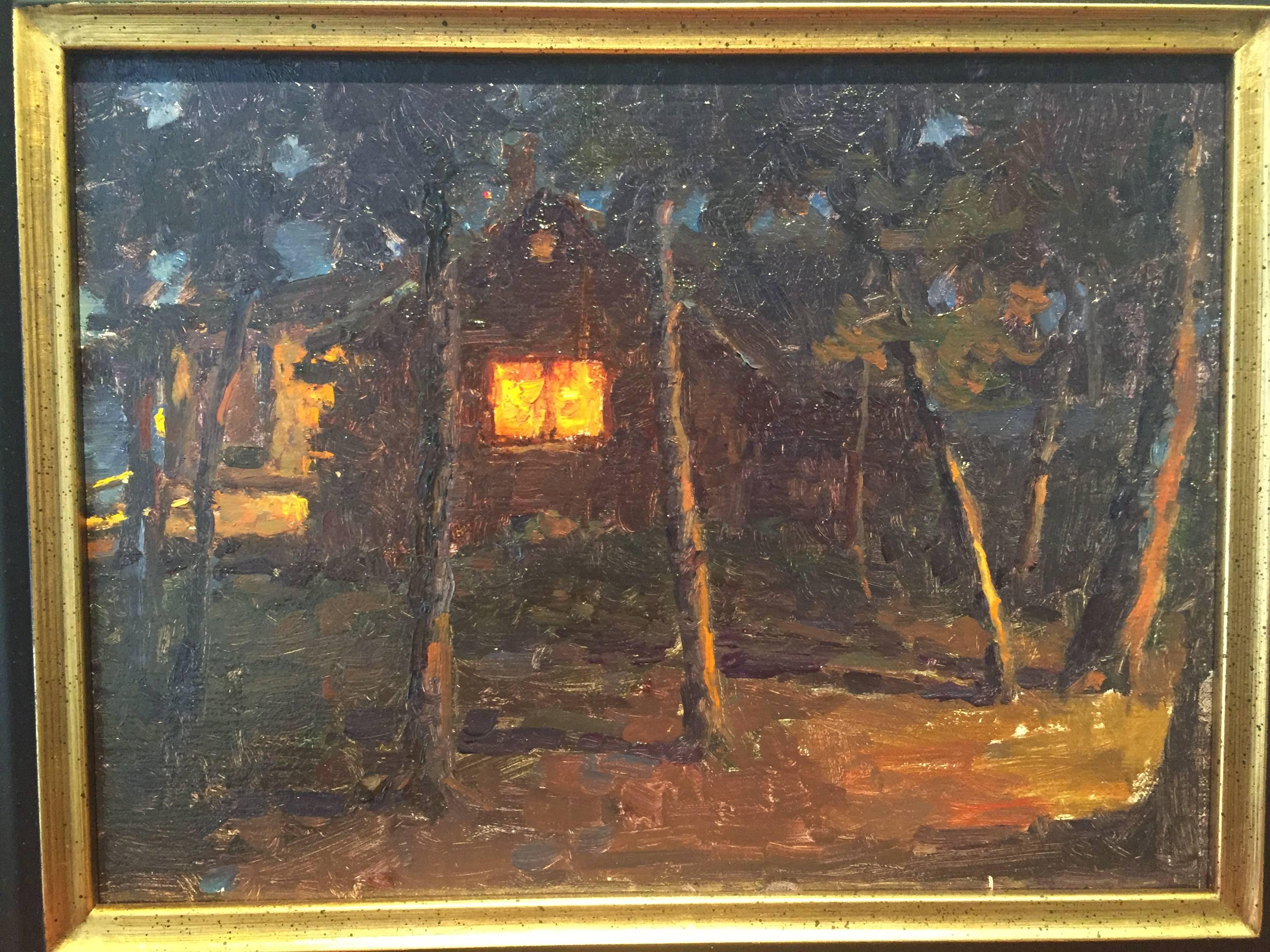 Cabin at Night - American Realist Painting by Carl Bretzke