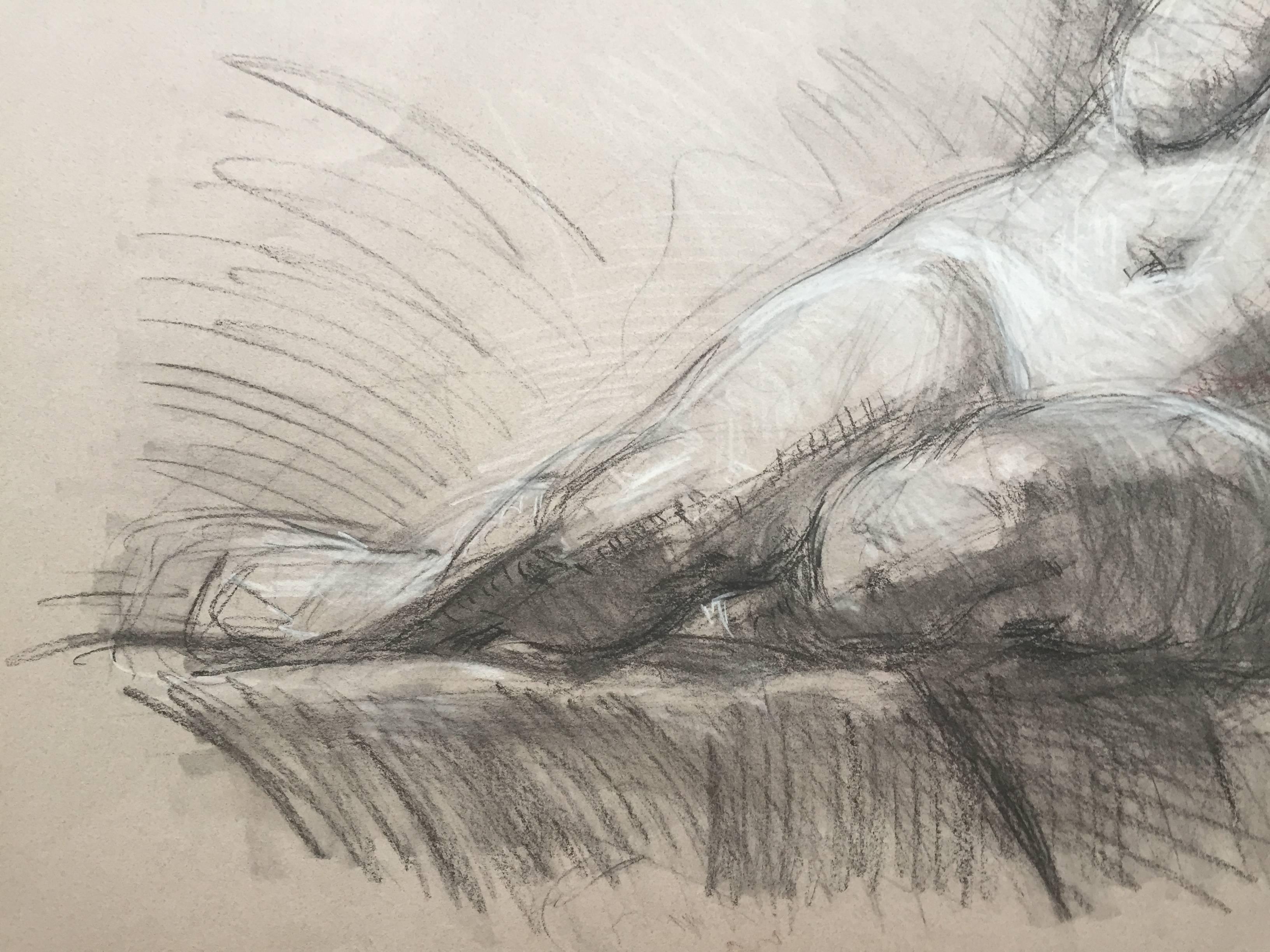 An academic drawing of a female nude figure sitting atop a flat surface. He highlights the body with white chalk. She leans on one arm and the other rests behind her torso.

Artist Bio
Ben Fenske (b. 1978) although a native of Minnesota, and has