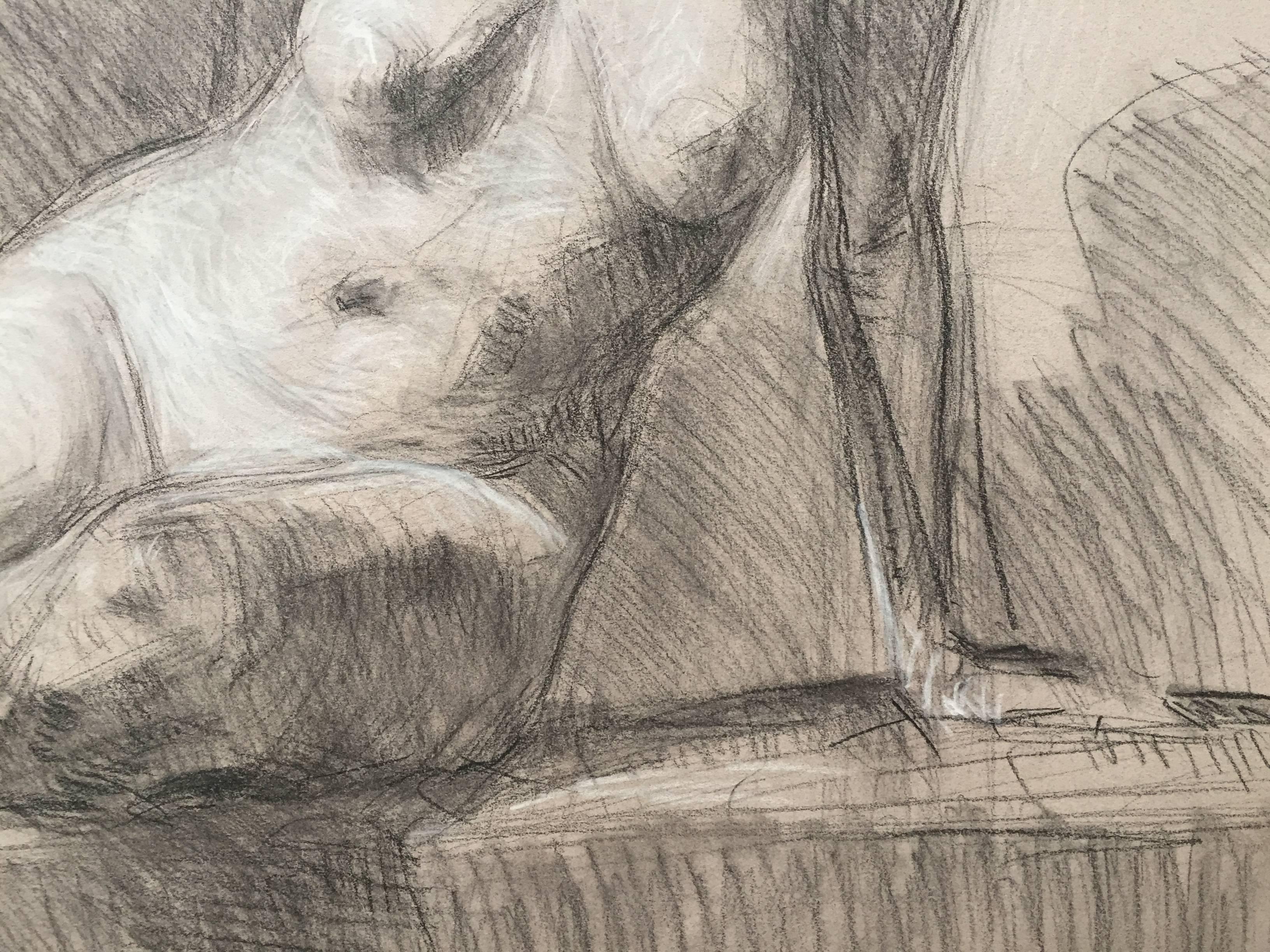 Une œuvre rare sur papier de Ben Fenske. Croquis d'une femme nue, posant. Tiré de l'observation directe d'un modèle vivant. La craie blanche est utilisée pour créer des reflets. Non encadré. Emballé dans une pochette protectrice en cellophane.

Ben