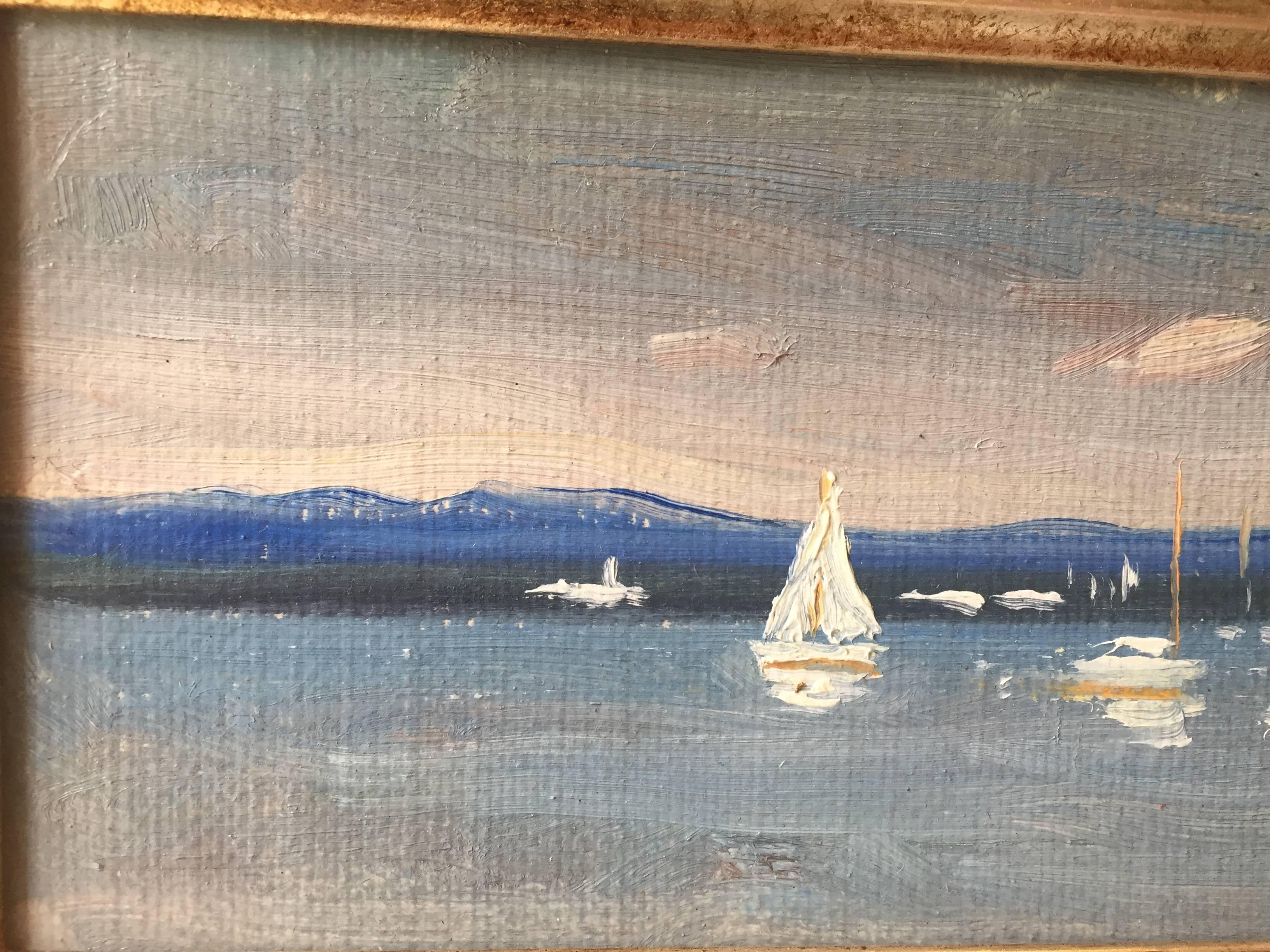Painted en plein air on the East End of Long Island, around the village of Sag Harbor. We see many sailboats at rest and a few with sails up. The horizon is a dark thick line of what is most likely distant trees on the shore.


Nelson H. White was